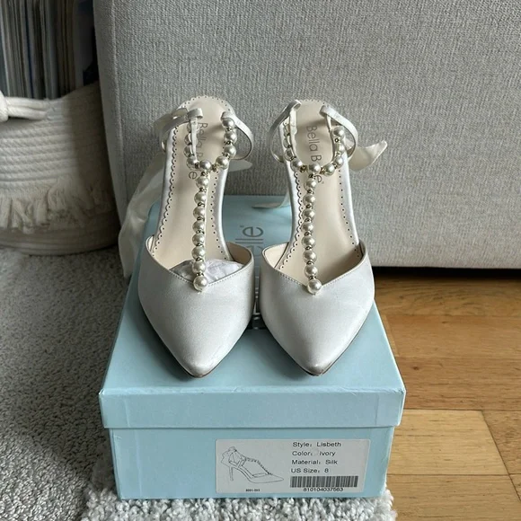 Bella Belle Lisbeth heels. Pearl T-Strap Ivory Heels with Ankle Wrap Bow - Picture 1 of 7